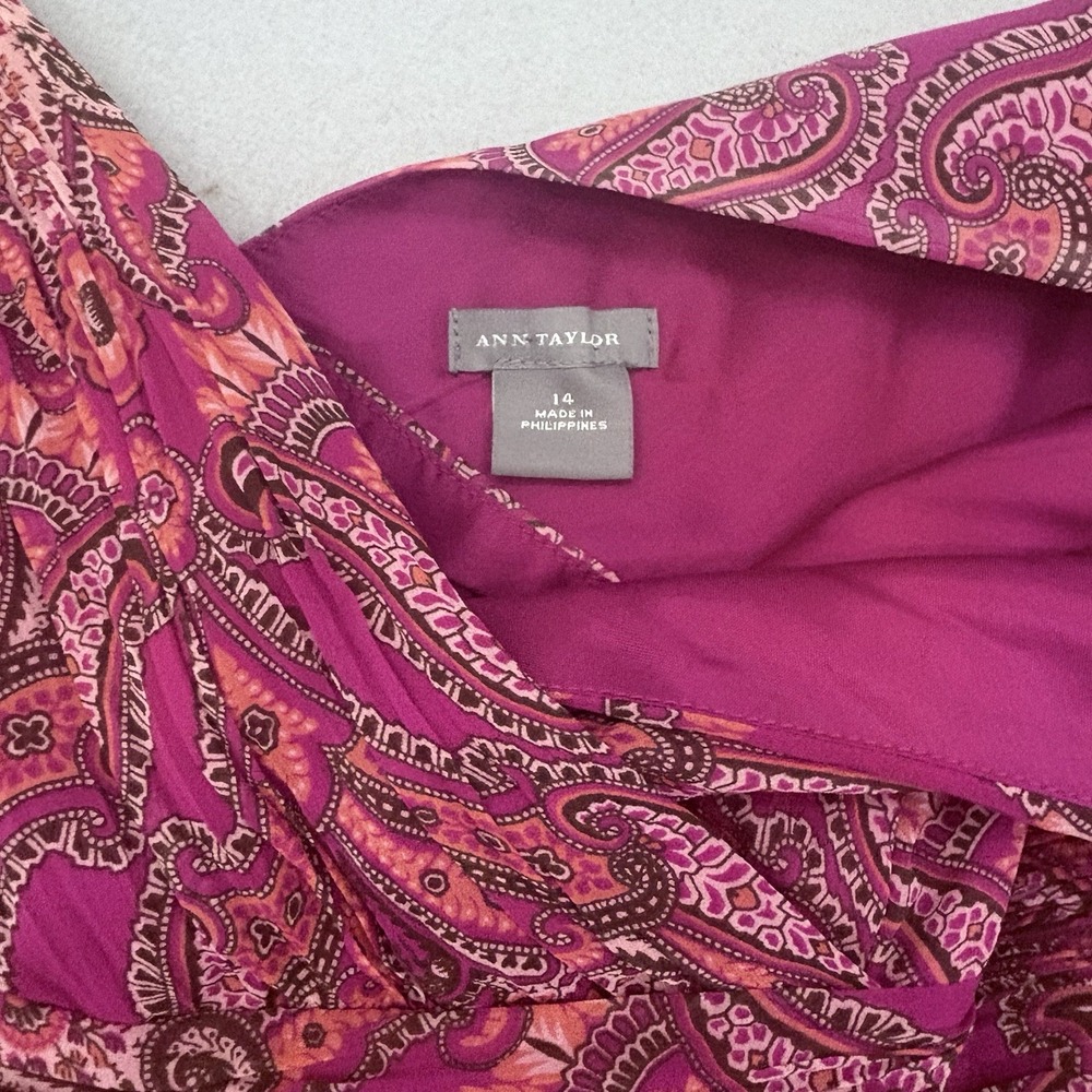 Ann Taylor Crossover V-Neck Silk Pink Paisley Midi Dress SZ‎ 14 Boho Feminine - Picture 9 of 13